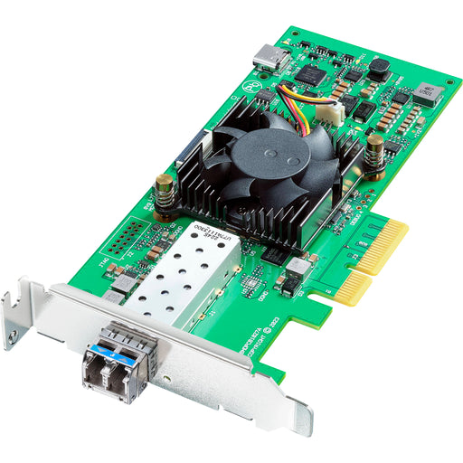 Blackmagic Design DeckLink IP HD Optical capture and playback card, featuring 10G optical fiber connectivity via SFP+ port, support for SMPTE ST 2110 IP workflows, dual-channel 1080p60 video capture and playback, and professional audio integration for IP-based broadcast systems.