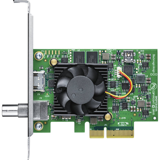 Blackmagic Design DeckLink Mini Monitor 4K, a PCIe playback card featuring 6G-SDI and HDMI 2.0 outputs, supporting video playback up to 2160p30, ideal for Ultra HD and HDR monitoring in professional workflows.
