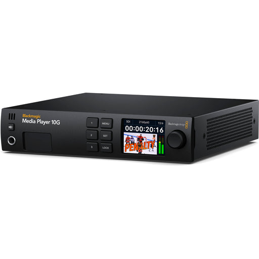 Blackmagic Design Media Player 10G - Dual 12G-SDI outputs, 12G-SDI capture input, 10G Ethernet connectivity, Thunderbolt connection, and high-resolution video support.