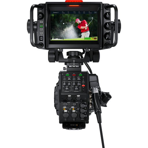 The Blackmagic Design URSA Studio Viewfinder G2 (CINEURSANSVF2) is a 7-inch, 1920x1200 high-brightness monitor for URSA Studio and Mini cameras. It features a detachable sun hood, side handles, SDI input, and customizable controls for professional studio use.