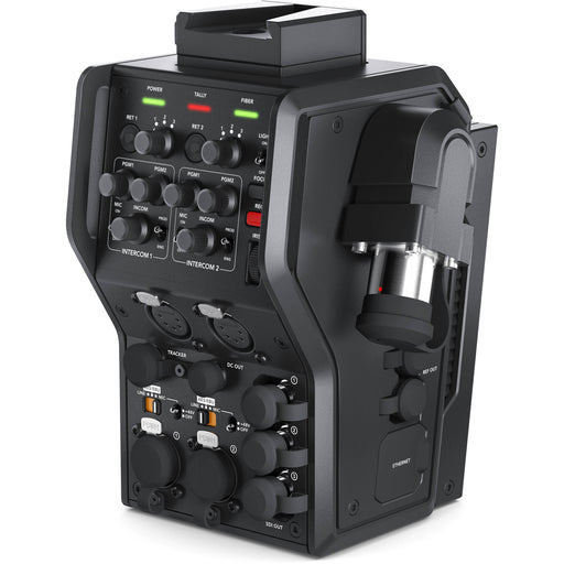 Blackmagic Design Camera Fiber Converter (CINEURSANWFRCAM): A compact, professional SMPTE fiber converter designed for URSA Broadcast and URSA Mini cameras, featuring 12G-SDI input, multiple 3G-SDI outputs, XLR audio inputs, and built-in talkback support for long-distance video transmission.