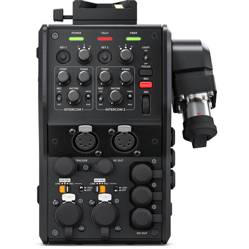Blackmagic Design Camera Fiber Converter (CINEURSANWFRCAM): A compact, professional SMPTE fiber converter designed for URSA Broadcast and URSA Mini cameras, featuring 12G-SDI input, multiple 3G-SDI outputs, XLR audio inputs, and built-in talkback support for long-distance video transmission.