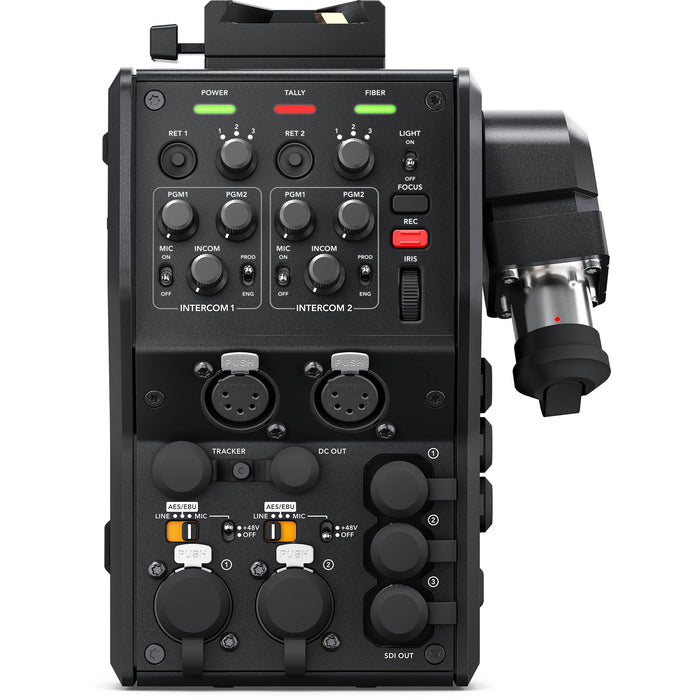 Blackmagic Design Camera Fiber Converter (CINEURSANWFRCAM): A compact, professional SMPTE fiber converter designed for URSA Broadcast and URSA Mini cameras, featuring 12G-SDI input, multiple 3G-SDI outputs, XLR audio inputs, and built-in talkback support for long-distance video transmission.