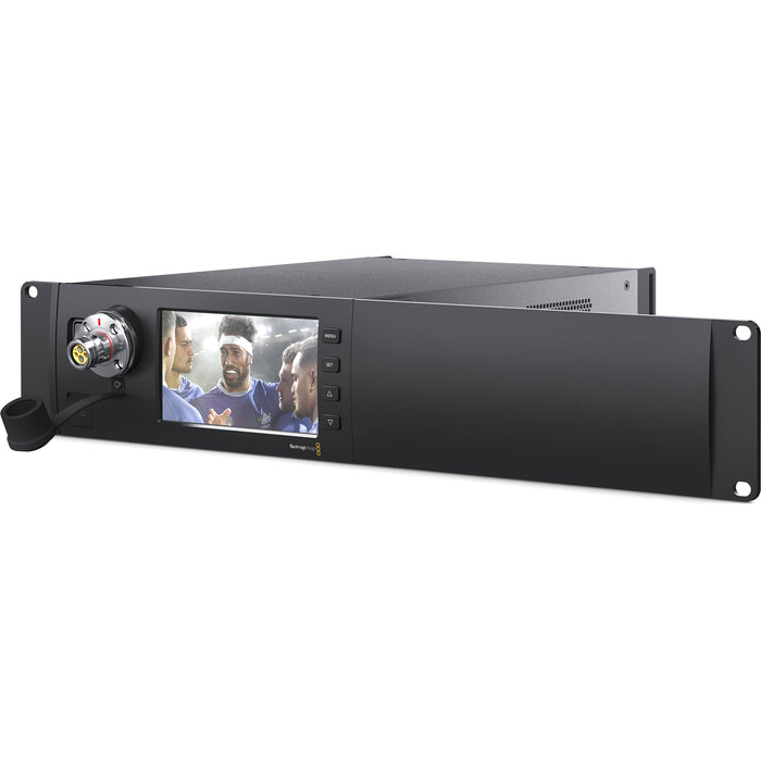 Blackmagic Design Studio Fiber Converter (CINEURSANWFRSTUD): A professional SMPTE fiber converter for URSA Broadcast and URSA Mini cameras, featuring multiple 12G-SDI and 3G-SDI connections, XLR audio inputs, built-in talkback, and long-distance fiber optic transmission for live production and broadcast environments.