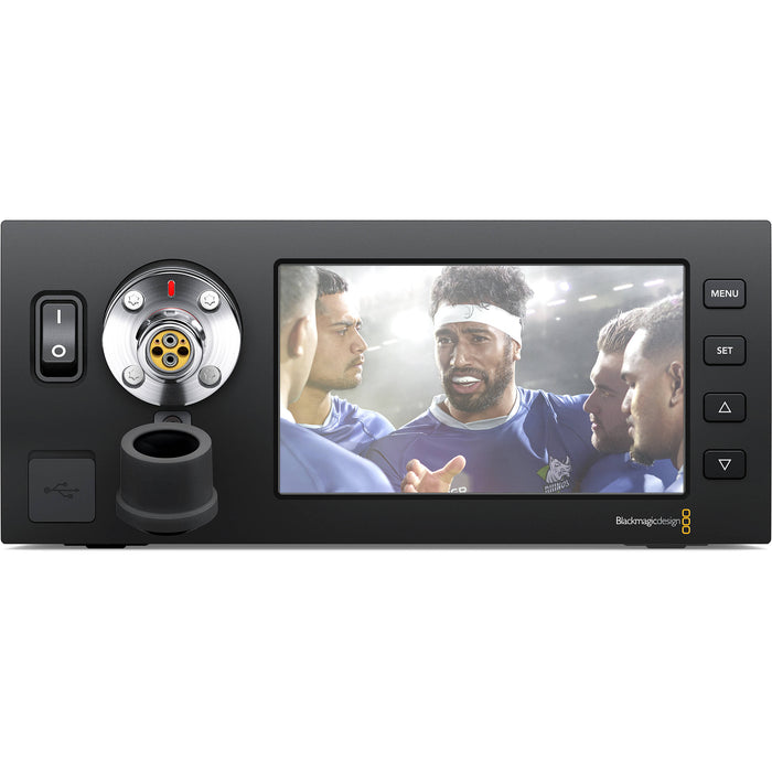 Blackmagic Design Studio Fiber Converter (CINEURSANWFRSTUD): A professional SMPTE fiber converter for URSA Broadcast and URSA Mini cameras, featuring multiple 12G-SDI and 3G-SDI connections, XLR audio inputs, built-in talkback, and long-distance fiber optic transmission for live production and broadcast environments.
