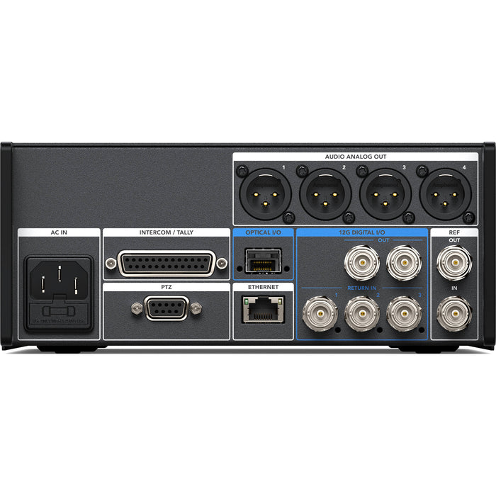 Blackmagic Design Studio Fiber Converter (CINEURSANWFRSTUD): A professional SMPTE fiber converter for URSA Broadcast and URSA Mini cameras, featuring multiple 12G-SDI and 3G-SDI connections, XLR audio inputs, built-in talkback, and long-distance fiber optic transmission for live production and broadcast environments.