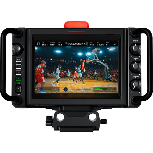Blackmagic Studio Camera 4K Pro G2 (CINSTUDMFT/G24PDFG2): A professional live production camera featuring a Micro Four Thirds mount, 4K resolution, 13 stops of dynamic range, a 7-inch 2000-nit HDR touchscreen, built-in ND filters, 12G-SDI, HDMI, XLR audio inputs, and live streaming capabilities via Ethernet.