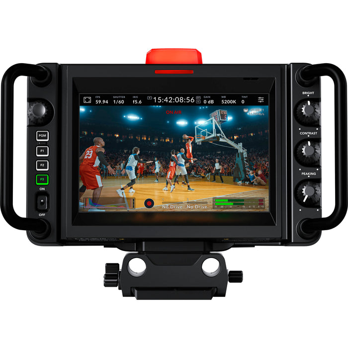 Blackmagic Studio Camera 4K Pro G2 (CINSTUDMFT/G24PDFG2): A professional live production camera featuring a Micro Four Thirds mount, 4K resolution, 13 stops of dynamic range, a 7-inch 2000-nit HDR touchscreen, built-in ND filters, 12G-SDI, HDMI, XLR audio inputs, and live streaming capabilities via Ethernet.