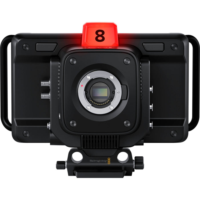 Blackmagic Studio Camera 4K Pro G2 (CINSTUDMFT/G24PDFG2): A professional live production camera featuring a Micro Four Thirds mount, 4K resolution, 13 stops of dynamic range, a 7-inch 2000-nit HDR touchscreen, built-in ND filters, 12G-SDI, HDMI, XLR audio inputs, and live streaming capabilities via Ethernet.