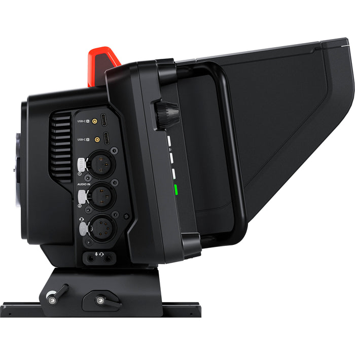 Blackmagic Studio Camera 4K Pro G2 (CINSTUDMFT/G24PDFG2): A professional live production camera featuring a Micro Four Thirds mount, 4K resolution, 13 stops of dynamic range, a 7-inch 2000-nit HDR touchscreen, built-in ND filters, 12G-SDI, HDMI, XLR audio inputs, and live streaming capabilities via Ethernet.