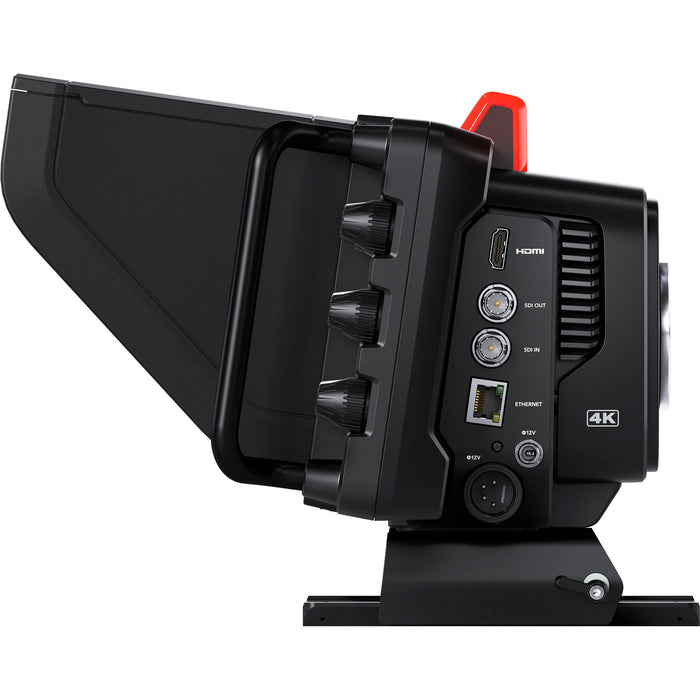 Blackmagic Studio Camera 4K Pro G2 (CINSTUDMFT/G24PDFG2): A professional live production camera featuring a Micro Four Thirds mount, 4K resolution, 13 stops of dynamic range, a 7-inch 2000-nit HDR touchscreen, built-in ND filters, 12G-SDI, HDMI, XLR audio inputs, and live streaming capabilities via Ethernet.