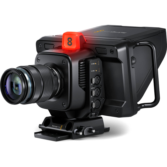 Blackmagic Studio Camera 4K Pro G2 (CINSTUDMFT/G24PDFG2): A professional live production camera featuring a Micro Four Thirds mount, 4K resolution, 13 stops of dynamic range, a 7-inch 2000-nit HDR touchscreen, built-in ND filters, 12G-SDI, HDMI, XLR audio inputs, and live streaming capabilities via Ethernet.