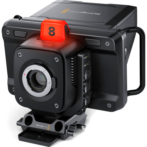 Blackmagic Studio Camera 4K Pro G2 (CINSTUDMFT/G24PDFG2): A professional live production camera featuring a Micro Four Thirds mount, 4K resolution, 13 stops of dynamic range, a 7-inch 2000-nit HDR touchscreen, built-in ND filters, 12G-SDI, HDMI, XLR audio inputs, and live streaming capabilities via Ethernet.