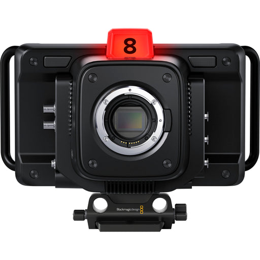 Alt text for CINSTUDMFTG26PDK: Blackmagic Studio Camera 6K Pro (CINSTUDMFTG26PDK): A professional studio camera featuring a Super 35mm 6K sensor, active Canon EF lens mount, built-in motorized ND filters, 7-inch HDR touchscreen, 12G-SDI, HDMI, and 10G Ethernet connectivity, designed for high-end live production and broadcasting.