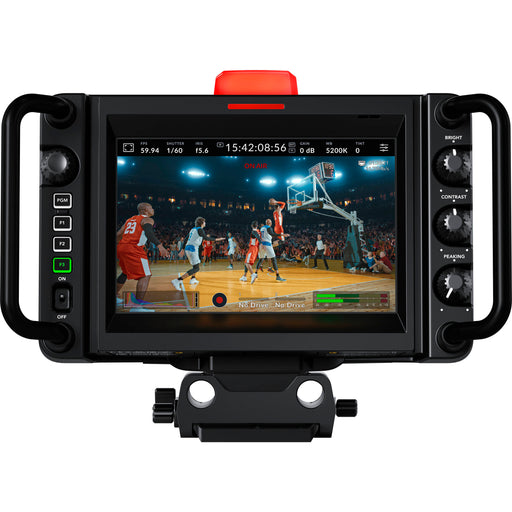 Alt text for CINSTUDMFTG26PDK: Blackmagic Studio Camera 6K Pro (CINSTUDMFTG26PDK): A professional studio camera featuring a Super 35mm 6K sensor, active Canon EF lens mount, built-in motorized ND filters, 7-inch HDR touchscreen, 12G-SDI, HDMI, and 10G Ethernet connectivity, designed for high-end live production and broadcasting.