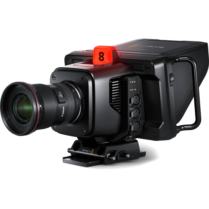 Alt text for CINSTUDMFTG26PDK: Blackmagic Studio Camera 6K Pro (CINSTUDMFTG26PDK): A professional studio camera featuring a Super 35mm 6K sensor, active Canon EF lens mount, built-in motorized ND filters, 7-inch HDR touchscreen, 12G-SDI, HDMI, and 10G Ethernet connectivity, designed for high-end live production and broadcasting.