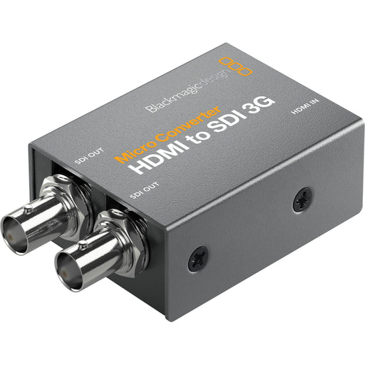 Blackmagic Design Micro Converter HDMI to SDI 3G with power supply, a compact video converter designed to convert HDMI signals to 3G-SDI. Includes an external power supply for reliable operation in broadcast and production environments, supporting HD resolutions up to 1080p60.