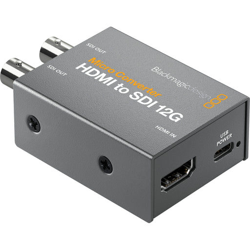 Blackmagic Design Micro Converter HDMI to SDI 12G with power supply, a compact and professional-grade converter that converts HDMI signals to 12G-SDI, supporting ultra-high-definition resolutions up to 2160p60. Includes an external power supply for reliable operation in broadcast and production environments.