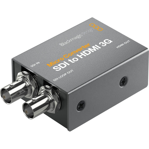 Blackmagic Design Micro Converter SDI to HDMI 3G with power supply, a compact converter that transforms 3G-SDI signals into HDMI, supporting resolutions up to 1080p60. Includes an external 5V power supply for reliable operation in broadcast and production environments.