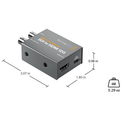 Blackmagic Design Micro Converter SDI to HDMI 12G, a compact and professional-grade converter that converts 12G-SDI signals to HDMI, supporting ultra-high-definition video resolutions up to 2160p60 for 4K workflows.