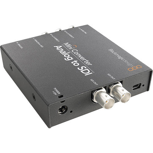Blackmagic Design Mini Converter Audio to SDI 2, a compact device that converts balanced audio signals (analog or AES/EBU) into SDI video signals, supporting both SD and HD video formats for professional broadcast and production environments.