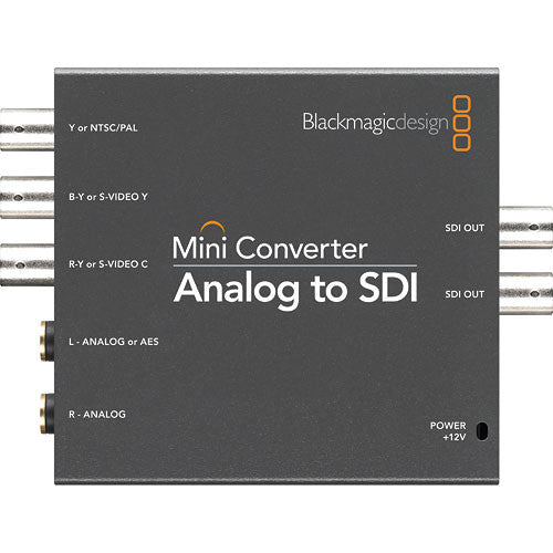 Blackmagic Design Mini Converter Audio to SDI 2, a compact device that converts balanced audio signals (analog or AES/EBU) into SDI video signals, supporting both SD and HD video formats for professional broadcast and production environments.