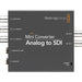 Blackmagic Design Mini Converter Audio to SDI 2, a compact device that converts balanced audio signals (analog or AES/EBU) into SDI video signals, supporting both SD and HD video formats for professional broadcast and production environments.