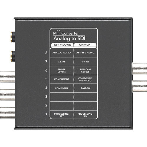 Blackmagic Design Mini Converter Audio to SDI 2, a compact device that converts balanced audio signals (analog or AES/EBU) into SDI video signals, supporting both SD and HD video formats for professional broadcast and production environments.