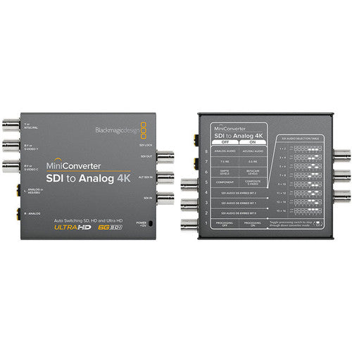 Blackmagic Design Mini Converter Audio to SDI 4K, a professional-grade converter that embeds analog or AES/EBU audio into 4K SDI video signals, supporting both SD and HD video formats. Ideal for high-quality audio integration in 4K broadcast and production workflows.