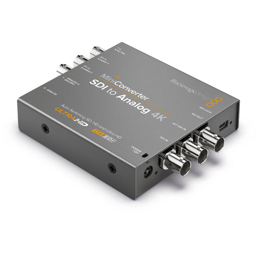 Blackmagic Design Mini Converter Audio to SDI 4K, a professional-grade converter that embeds analog or AES/EBU audio into 4K SDI video signals, supporting both SD and HD video formats. Ideal for high-quality audio integration in 4K broadcast and production workflows.