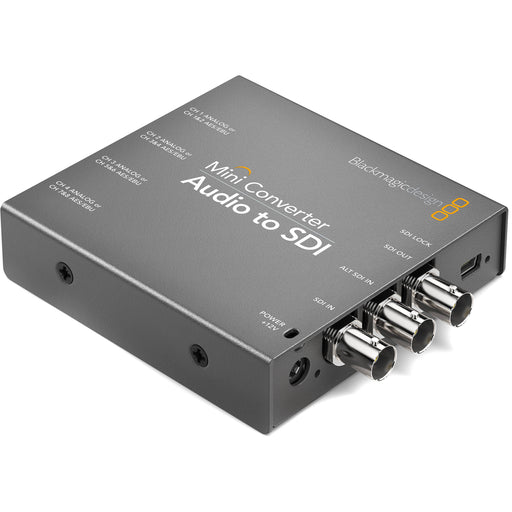 Blackmagic Design Mini Converter Audio to SDI 2, a professional audio converter that embeds analog or AES/EBU audio into SDI video signals, supporting both SD and HD video formats. Ideal for integrating high-quality audio in broadcast and production workflows.