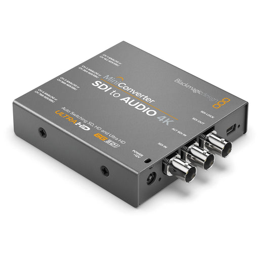 Blackmagic Design Mini Converter SDI to Audio 4K, a professional-grade converter that extracts audio from 4K SDI video signals and outputs it as balanced analog or AES/EBU digital audio. Ideal for high-quality audio extraction and integration in 4K broadcast and production workflows.