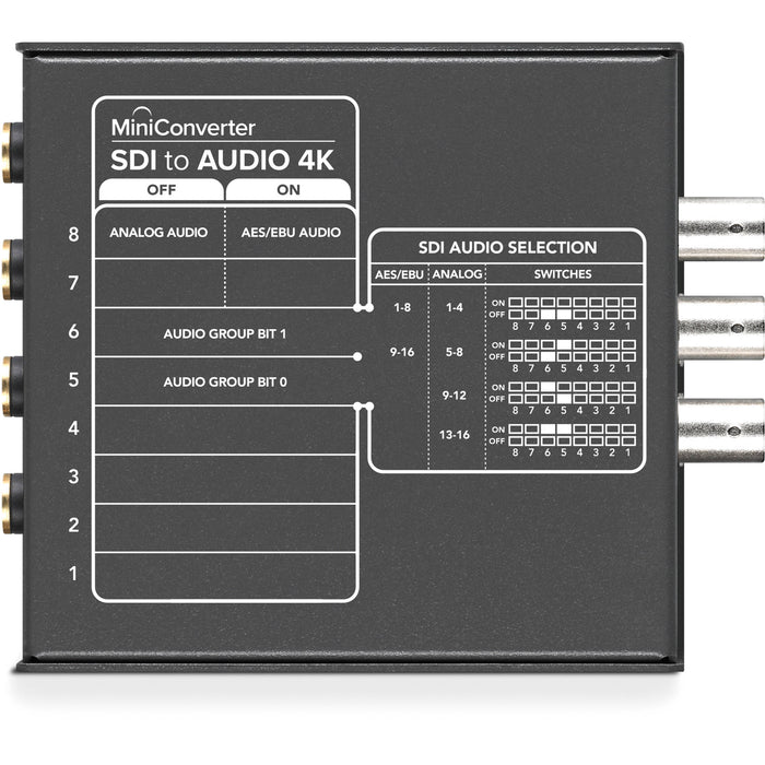 Blackmagic Design Mini Converter SDI to Audio 4K, a professional-grade converter that extracts audio from 4K SDI video signals and outputs it as balanced analog or AES/EBU digital audio. Ideal for high-quality audio extraction and integration in 4K broadcast and production workflows.
