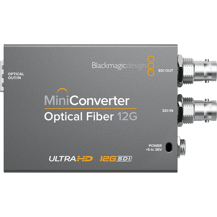 Blackmagic Design Optical Fiber 12G-SDI Mini Converter, a professional-grade converter that allows the transmission of 12G-SDI video signals over optical fiber for long-distance transmission. Supports high-definition and 4K video formats, making it ideal for broadcast and production environments.