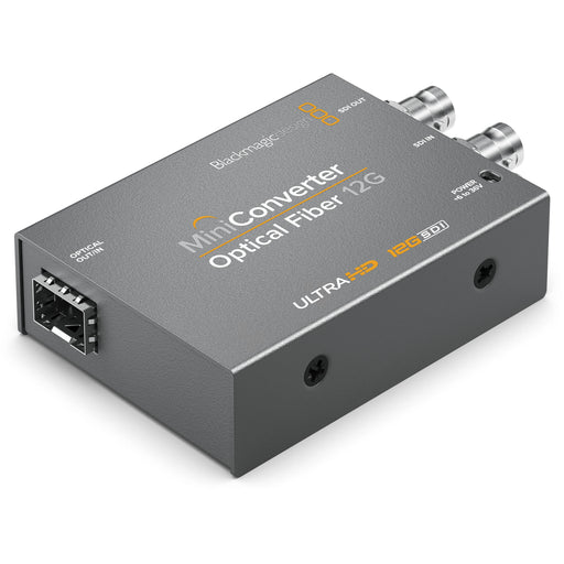 Blackmagic Design Optical Fiber 12G-SDI Mini Converter, a professional-grade converter that allows the transmission of 12G-SDI video signals over optical fiber for long-distance transmission. Supports high-definition and 4K video formats, making it ideal for broadcast and production environments.