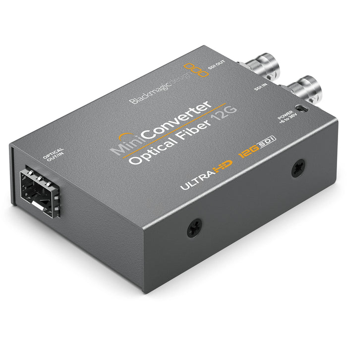 Blackmagic Design Optical Fiber 12G-SDI Mini Converter, a professional-grade converter that allows the transmission of 12G-SDI video signals over optical fiber for long-distance transmission. Supports high-definition and 4K video formats, making it ideal for broadcast and production environments.