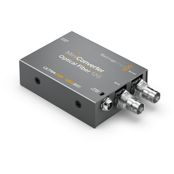 Blackmagic Design Optical Fiber 12G-SDI Mini Converter, a professional-grade converter that allows the transmission of 12G-SDI video signals over optical fiber for long-distance transmission. Supports high-definition and 4K video formats, making it ideal for broadcast and production environments.