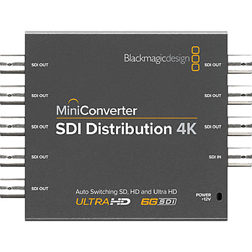 Blackmagic Design Mini Converter SDI to Analog 4K, a professional converter that transforms 12G-SDI signals into analog composite and component video, while also extracting and converting embedded SDI audio to balanced or unbalanced analog audio. Supports 4K video resolutions up to 2160p60 for high-quality broadcast and production workflows.