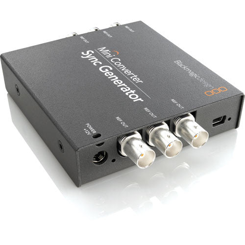 Blackmagic Design Mini Converter Sync Generator, a professional sync generator that provides tri-level sync and black burst signals for video systems. Ideal for multi-camera or broadcast setups, it supports SD, HD, and 4K video formats, ensuring precise synchronization in production environments.