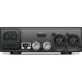 The Blackmagic Design Teranex Mini SDI to HDMI 12G Converter is a compact, rectangular device with a matte black finish. The front panel features a USB port and ventilation grilles, while the rear panel houses various connectors, including SDI input and loop output, HDMI output, Ethernet port, and XLR audio outputs. This design facilitates professional video and audio signal conversion in broadcast and post-production environments.