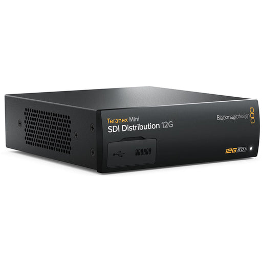 The Blackmagic Design Teranex Mini SDI to DisplayPort 8K HDR Converter is a compact, rectangular device with a matte black finish. The front panel features a color LCD screen, control buttons, and a rotary knob for easy navigation and settings adjustment. The rear panel includes four 12G-SDI inputs, four 12G-SDI loop outputs, two full-size DisplayPort outputs, one USB-C DisplayPort output, two analog audio outputs via RCA connectors, an Ethernet port, and a standard IEC power input.