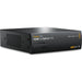 The Blackmagic Design Teranex Mini HDMI to Optical 12G Converter is a compact, rectangular device with a black finish. The front panel features a USB port and ventilation grilles, while the rear panel includes an HDMI input, a 12G-SDI output, an optional optical fiber output slot, two full-size XLR audio inputs, an Ethernet port, and a standard IEC power input. This design facilitates the conversion of high-resolution HDMI signals to 12G-SDI or optical fiber, supporting video formats up to DCI 4K at 60p.
