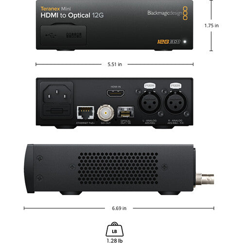 The Blackmagic Design Teranex Mini HDMI to Optical 12G Converter is a compact, rectangular device with a black finish. The front panel features a USB port and ventilation grilles, while the rear panel includes an HDMI input, a 12G-SDI output, an optional optical fiber output slot, two full-size XLR audio inputs, an Ethernet port, and a standard IEC power input. This design facilitates the conversion of high-resolution HDMI signals to 12G-SDI or optical fiber, supporting video formats up to DCI 4K.