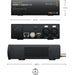 The Blackmagic Design Teranex Mini HDMI to Optical 12G Converter is a compact, rectangular device with a black finish. The front panel features a USB port and ventilation grilles, while the rear panel includes an HDMI input, a 12G-SDI output, an optional optical fiber output slot, two full-size XLR audio inputs, an Ethernet port, and a standard IEC power input. This design facilitates the conversion of high-resolution HDMI signals to 12G-SDI or optical fiber, supporting video formats up to DCI 4K.