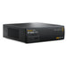 The Blackmagic Design Teranex Mini IP Video 12G Converter is a compact, rectangular device with a matte black finish. The front panel features a USB port and ventilation grilles, while the rear panel includes a 12G-SDI input, two 12G-SDI outputs, a Gigabit Ethernet port, an SFP+ cage for optional 10G Ethernet modules, and a standard IEC power input. This design facilitates bi-directional conversion between 12G-SDI signals and IP video streams, supporting video formats up to DCI 4K at 60p. 