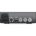 The Blackmagic Design Teranex Mini IP Video 12G Converter is a compact, rectangular device with a matte black finish. The front panel features a USB port and ventilation grilles, while the rear panel includes a 12G-SDI input, two 12G-SDI outputs, a Gigabit Ethernet port, an SFP+ cage for optional 10G Ethernet modules, and a standard IEC power input. This design facilitates bi-directional conversion between 12G-SDI signals and IP video streams, supporting video formats up to DCI 4K at 60p. 
