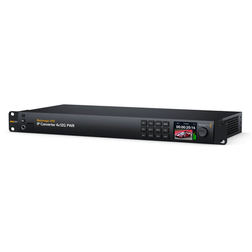 The Blackmagic Design 2110 IP Converter 4x12G PWR is a 1RU rackmount device that integrates SMPTE-2110 IP video into existing 12G-SDI broadcast setups. It features four independent bidirectional 12G-SDI to SMPTE-2110 IP video converters using RJ-45 10G Ethernet connections, each capable of supplying power over Ethernet (PoE) to connected devices. The converter supports HD and Ultra HD standards up to 2160p60 and includes a 12G-SDI program return input that sends to all channels.