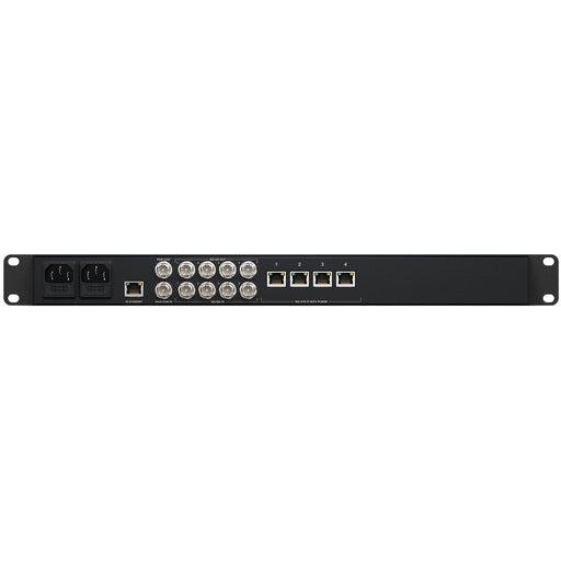 The Blackmagic Design 2110 IP Converter 4x12G PWR is a 1RU rackmount device that integrates SMPTE-2110 IP video into existing 12G-SDI broadcast setups. It features four independent bidirectional 12G-SDI to SMPTE-2110 IP video converters using RJ-45 10G Ethernet connections, each capable of supplying power over Ethernet (PoE) to connected devices. The converter supports HD and Ultra HD standards up to 2160p60 and includes a 12G-SDI program return input that sends to all channels.