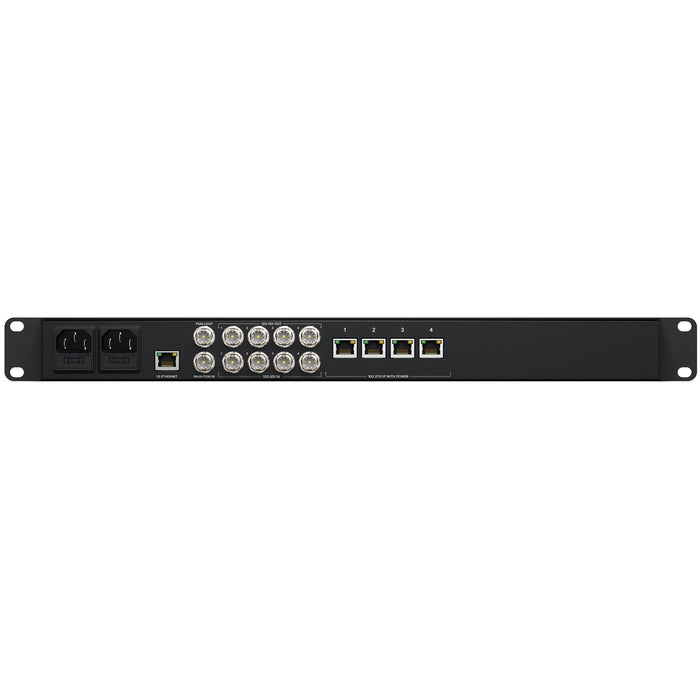 The Blackmagic Design 2110 IP Converter 4x12G PWR is a 1RU rackmount device that integrates SMPTE-2110 IP video into existing 12G-SDI broadcast setups. It features four independent bidirectional 12G-SDI to SMPTE-2110 IP video converters using RJ-45 10G Ethernet connections, each capable of supplying power over Ethernet (PoE) to connected devices. The converter supports HD and Ultra HD standards up to 2160p60 and includes a 12G-SDI program return input that sends to all channels.