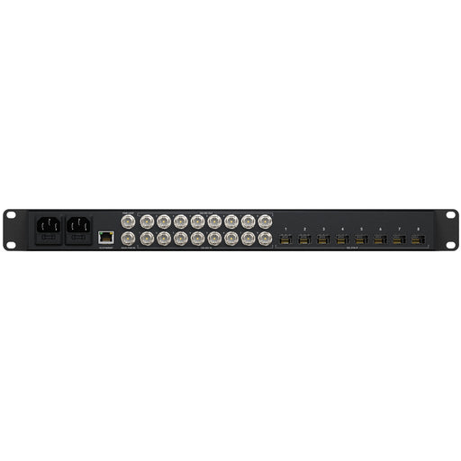 The Blackmagic Design 2110 IP Converter (model CONVNVIPC812GSFP) is a bi-directional 8-channel 12G-SDI to SMPTE ST 2110 IP video converter. It features eight 10G Ethernet SFP modules for optical fiber connectivity and supports HD and Ultra HD standards up to 2160p60. The device includes a control panel and an LCD for status monitoring. 